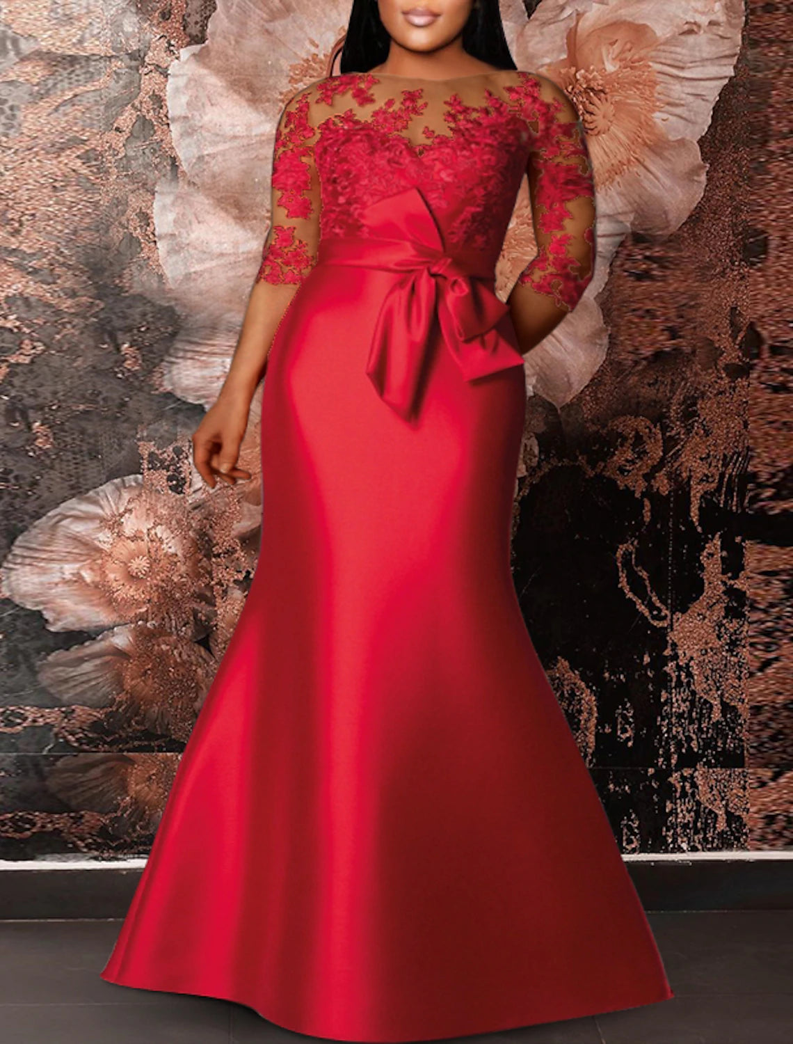 Wholesale Mermaid / Trumpet Plus Size Curve Formal Dresses Elegant Dress Formal Wedding Guest Floor Length Half Sleeve Jewel Neck Satin with Appliques Strappy